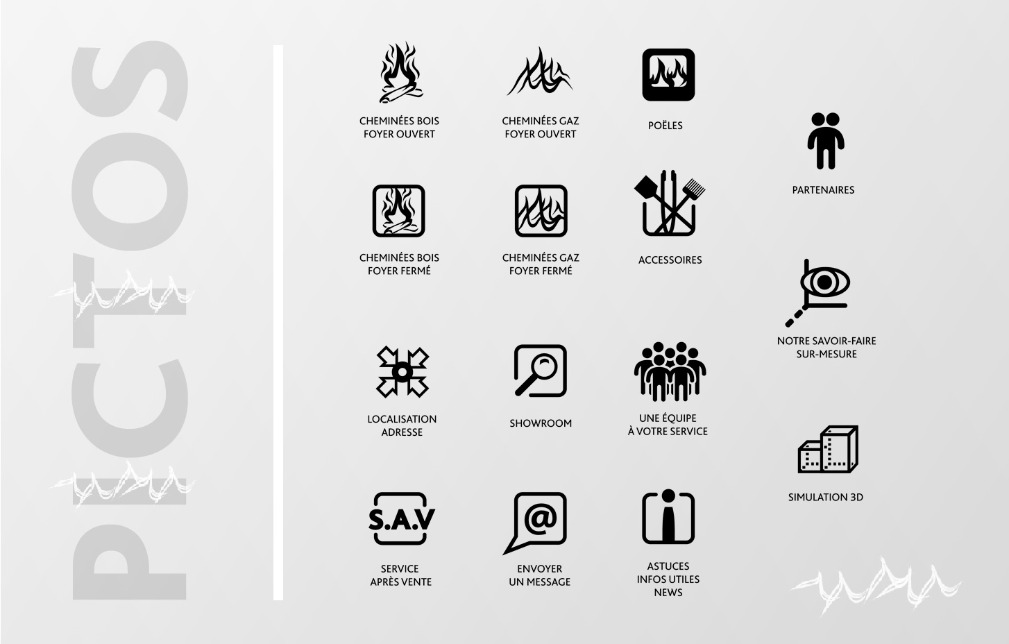 15 pictogrammes variétés de cheminées et services