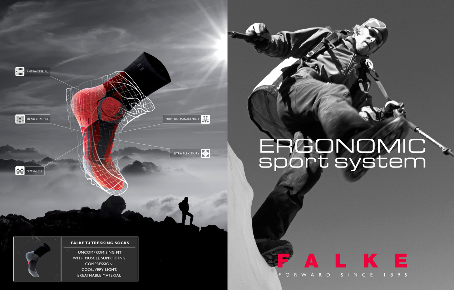 annonce-presse double-page d'un pied en marche avec chaussette sport apparente et chaussure dessinée au trait blanc et à droite un marcheur faisant du trekking